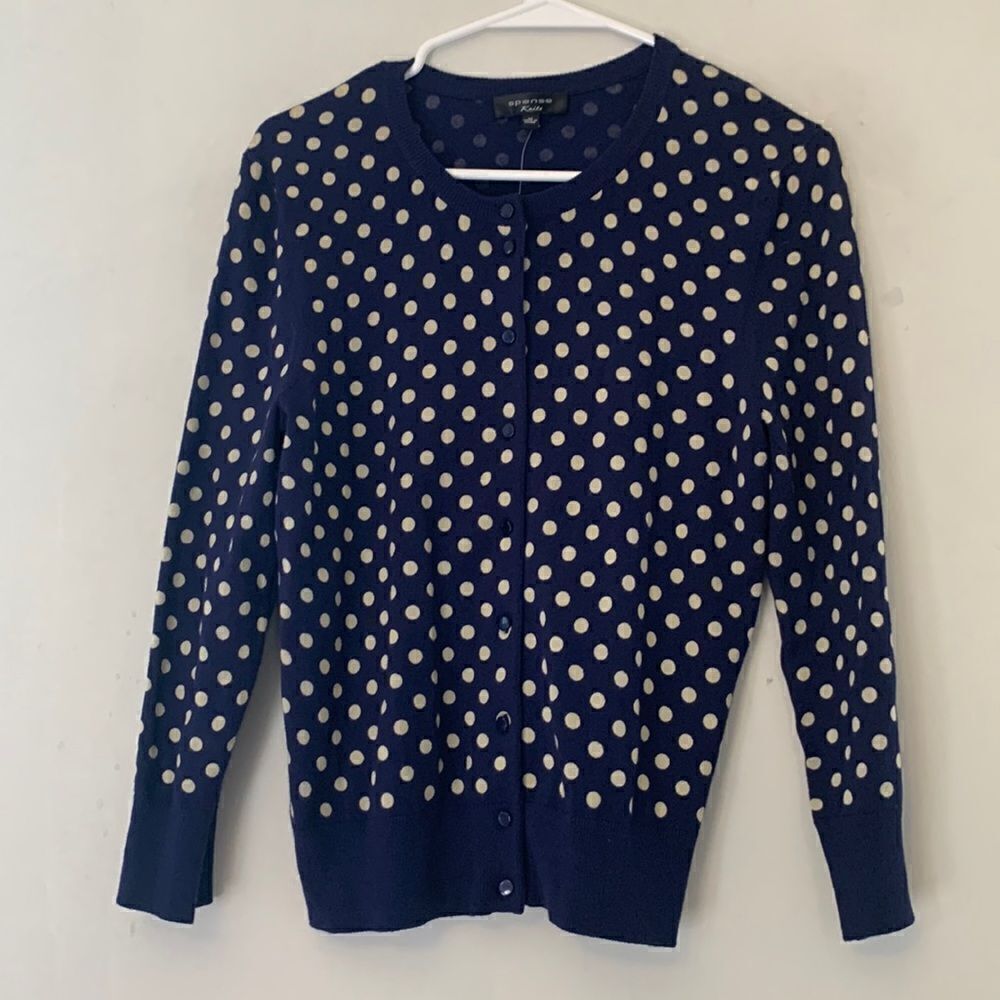 SPENSE SWEATER Navy and tan polka dot cardigan Size M NWT